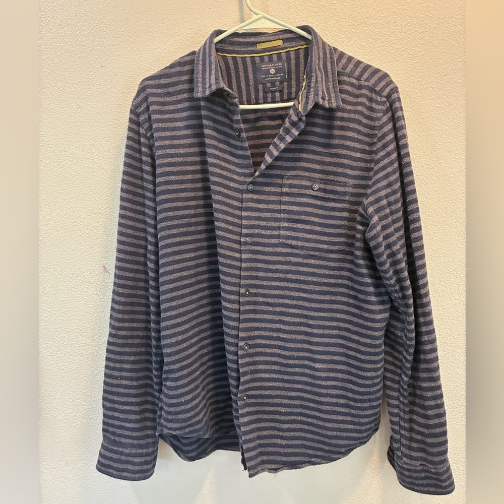 Denim & Flower Striped Button Down Shirt Blue Gray Casual Men’s Large